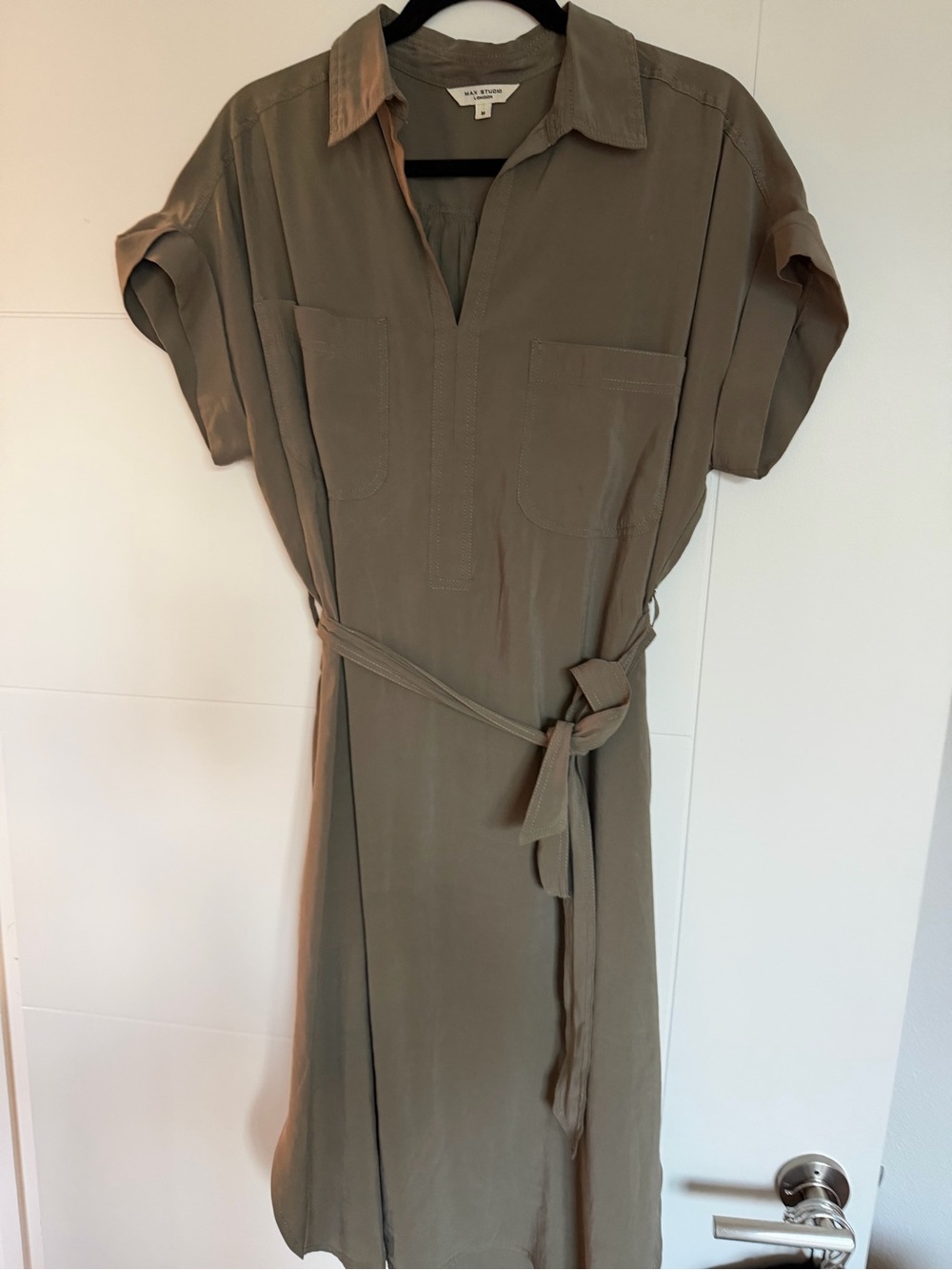 Max Studio Olive Green Midi Shirt Dress with Tie Waist